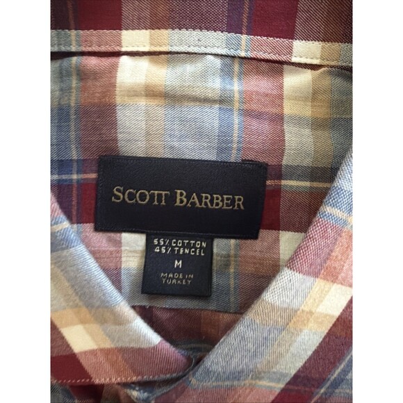 Scott Barber Mens M Dress Shirt Button Up Red Blue Check Plaid Long Sleeve - Picture 3 of 6